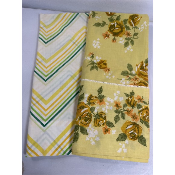 Cannon Monticello Other - Vintage Cannon Monticello Pillowcase Set Yellow Floral Green Chevron 70s Muslin